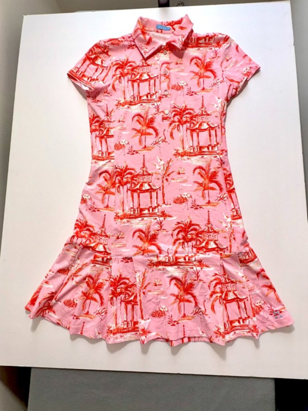 J.McLaughlin Dorte Dress Chinoisserie Pleated Activewear Pink Orange Preppy XS
